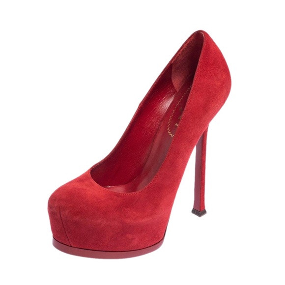 YSL Yves Saint Laurent Tribute Tribtoo 105 Red Suede Platform Pumps 👠 - Picture 4 of 9
